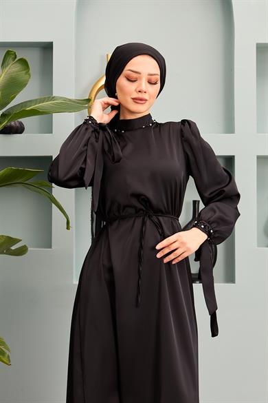 Beren Satin Evening Dress - Black