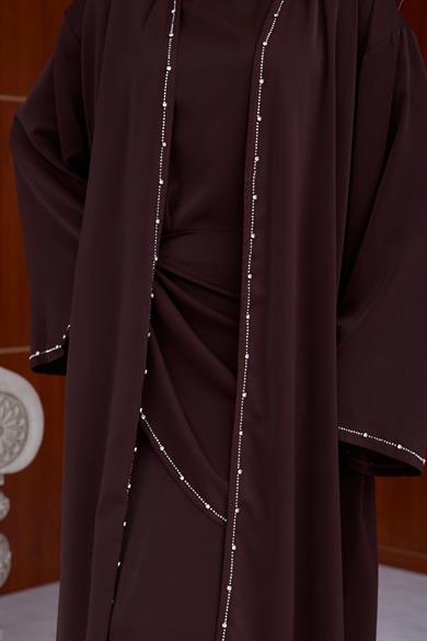 Berinda Taş Şerit Detaylı Abaya - Kahverengi