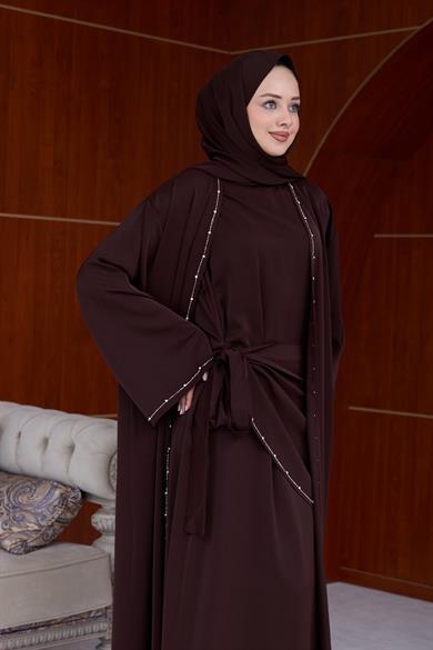 Berinda Taş Şerit Detaylı Abaya - Kahverengi