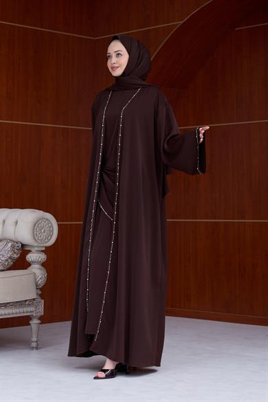 Berinda Taş Şerit Detaylı Abaya - Kahverengi