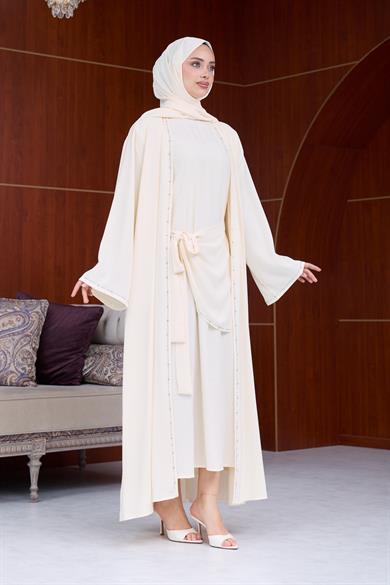 Berinda Taş Şerit Detaylı Abaya - Krem