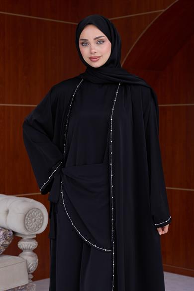 Berinda Taş Şerit Detaylı Abaya - Siyah