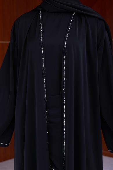 Berinda Taş Şerit Detaylı Abaya - Siyah
