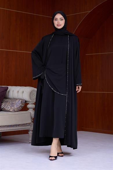 Berinda Taş Şerit Detaylı Abaya - Siyah