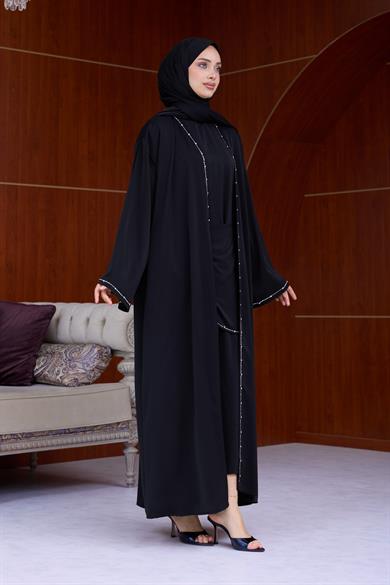 Berinda Taş Şerit Detaylı Abaya - Siyah