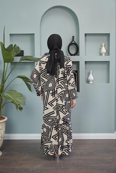 Pentagonal Patterned Belted Dress - Beige