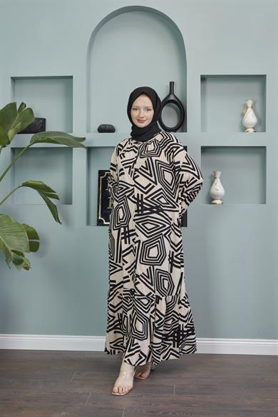 Pentagonal Patterned Belted Dress - Beige