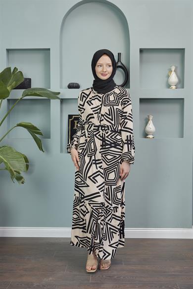 Pentagonal Patterned Belted Dress - Beige