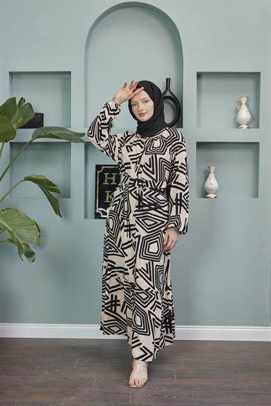 Pentagonal Patterned Belted Dress - Beige