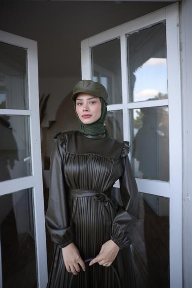 Full-length Pleated Leather Dress - Khaki