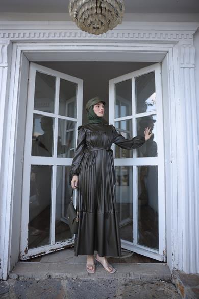 Full-length Pleated Leather Dress - Khaki