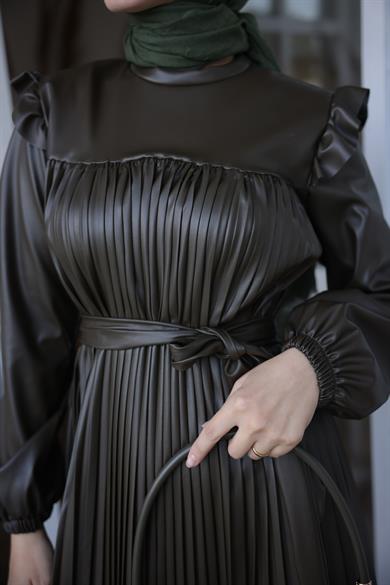 Full-length Pleated Leather Dress - Khaki