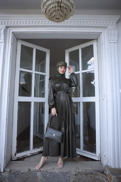 Full-length Pleated Leather Dress - Khaki