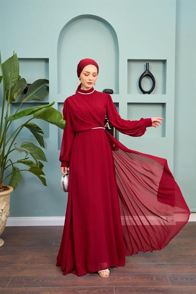 Tulle Chiffon Evening Dress with Stone Detail on the Neck - Claret Red