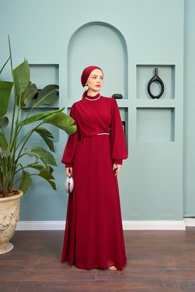 Tulle Chiffon Evening Dress with Stone Detail on the Neck - Claret Red