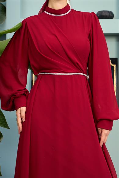 Tulle Chiffon Evening Dress with Stone Detail on the Neck - Claret Red