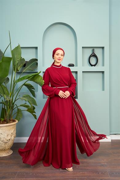 Tulle Chiffon Evening Dress with Stone Detail on the Neck - Claret Red