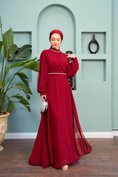 Tulle Chiffon Evening Dress with Stone Detail on the Neck - Claret Red