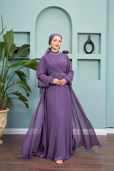 Tulle Chiffon Evening Dress with Stone Detail on the Neck - Lilac