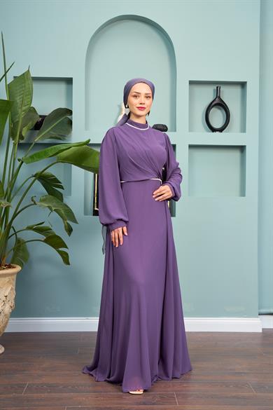 Tulle Chiffon Evening Dress with Stone Detail on the Neck - Lilac