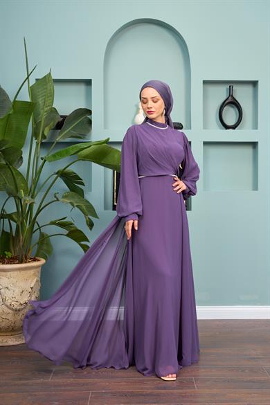 Tulle Chiffon Evening Dress with Stone Detail on the Neck - Lilac