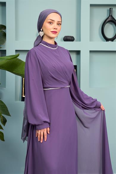 Tulle Chiffon Evening Dress with Stone Detail on the Neck - Lilac