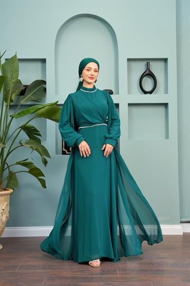 Tulle Chiffon Evening Dress with Stone Detail on the Neck - Emerald Green