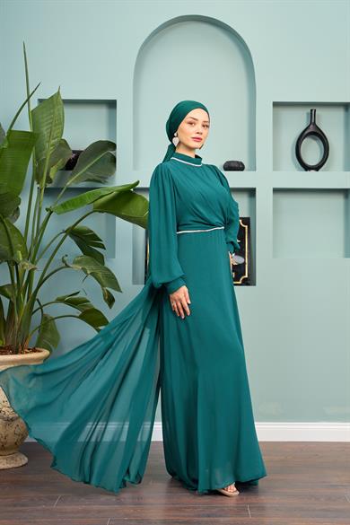 Tulle Chiffon Evening Dress with Stone Detail on the Neck - Emerald Green