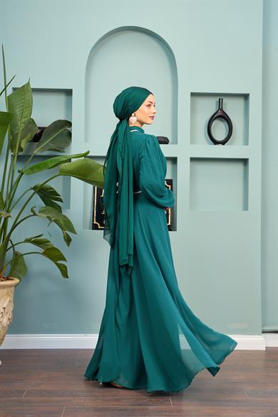 Tulle Chiffon Evening Dress with Stone Detail on the Neck - Emerald Green