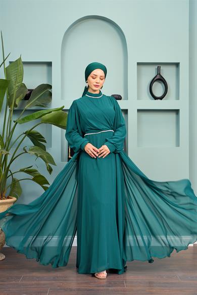 Tulle Chiffon Evening Dress with Stone Detail on the Neck - Emerald Green