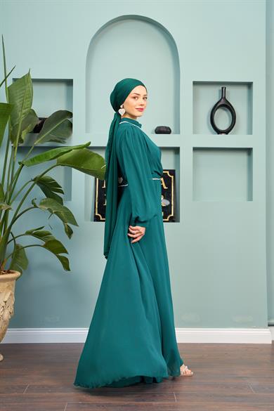 Tulle Chiffon Evening Dress with Stone Detail on the Neck - Emerald Green