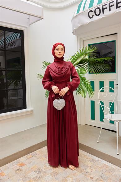 Neck Detailed Waist Tied Evening Dress - Claret Red