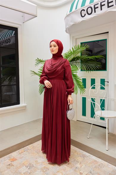 Neck Detailed Waist Tied Evening Dress - Claret Red