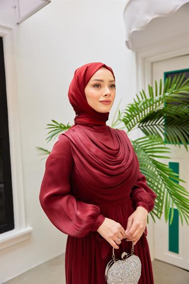 Neck Detailed Waist Tied Evening Dress - Claret Red