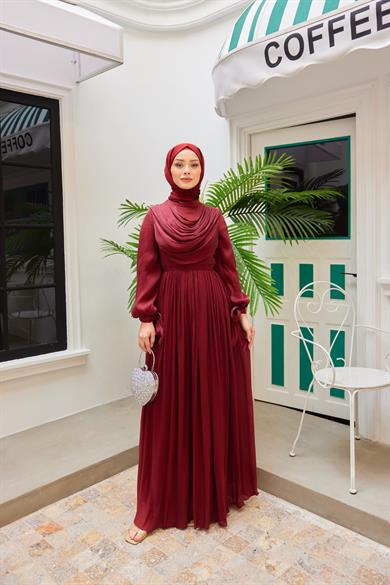 Neck Detailed Waist Tied Evening Dress - Claret Red