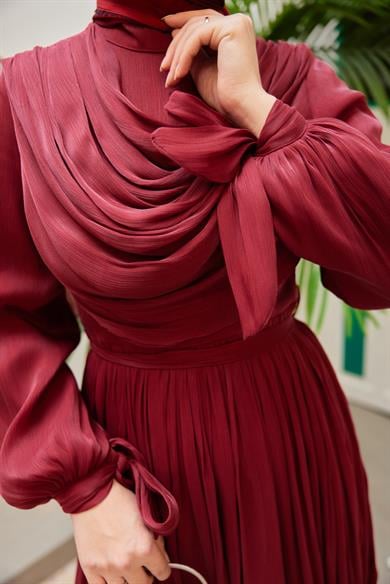 Neck Detailed Waist Tied Evening Dress - Claret Red