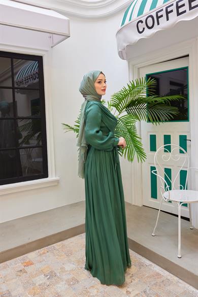 Neck Detailed Waist Tied Evening Dress - Mint Green