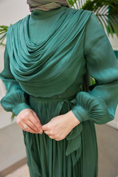Neck Detailed Waist Tied Evening Dress - Mint Green