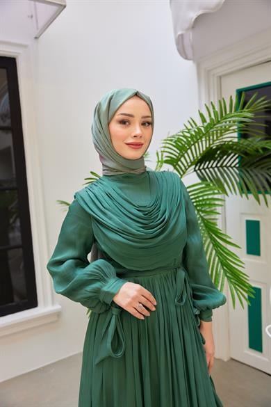 Neck Detailed Waist Tied Evening Dress - Mint Green