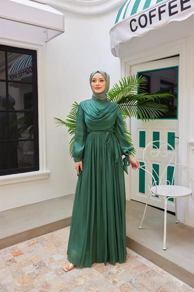 Neck Detailed Waist Tied Evening Dress - Mint Green