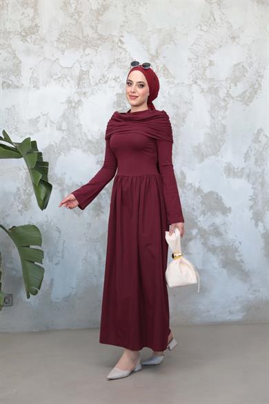 Boyun Detaylı Günlük Elbise - Bordo