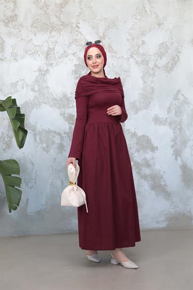 Boyun Detaylı Günlük Elbise - Bordo