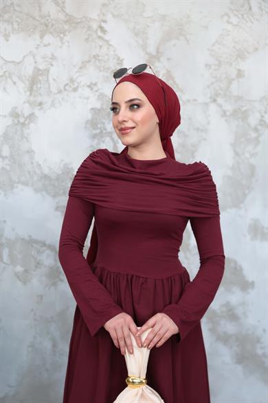 Boyun Detaylı Günlük Elbise - Bordo