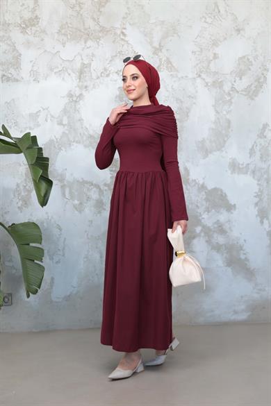 Boyun Detaylı Günlük Elbise - Bordo