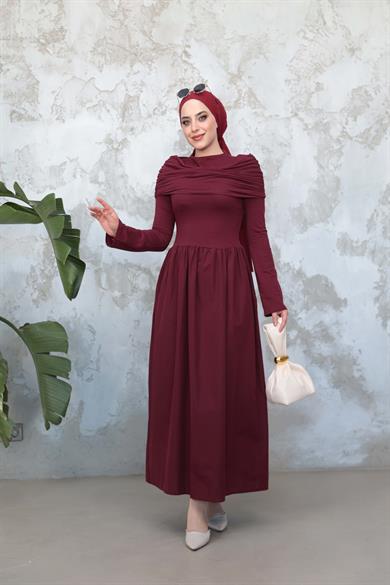 Boyun Detaylı Günlük Elbise - Bordo