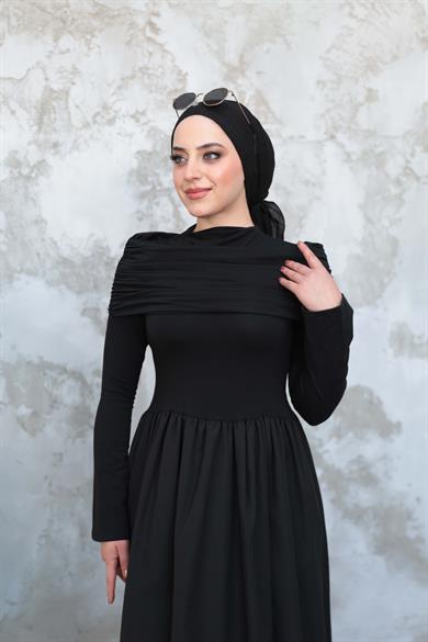 Boyun Detaylı Günlük Elbise - Siyah