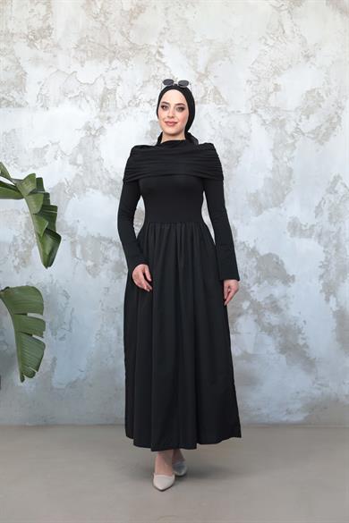 Boyun Detaylı Günlük Elbise - Siyah