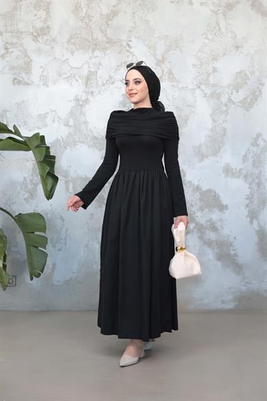 Boyun Detaylı Günlük Elbise - Siyah