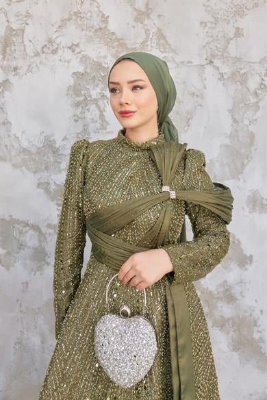 Caroline Tesettür Abiye - Haki