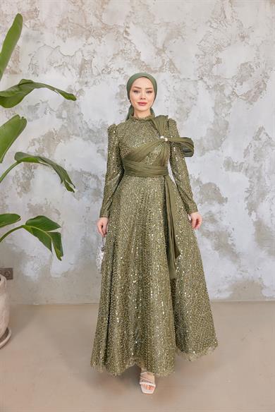 Caroline Tesettür Abiye - Haki